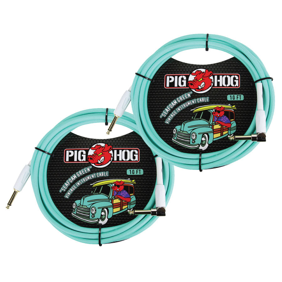 Instrument Cable 1/4' Straight 1/4' Right-Angle Seafoam Green 2 Pack Pig Hog PCH10SGR