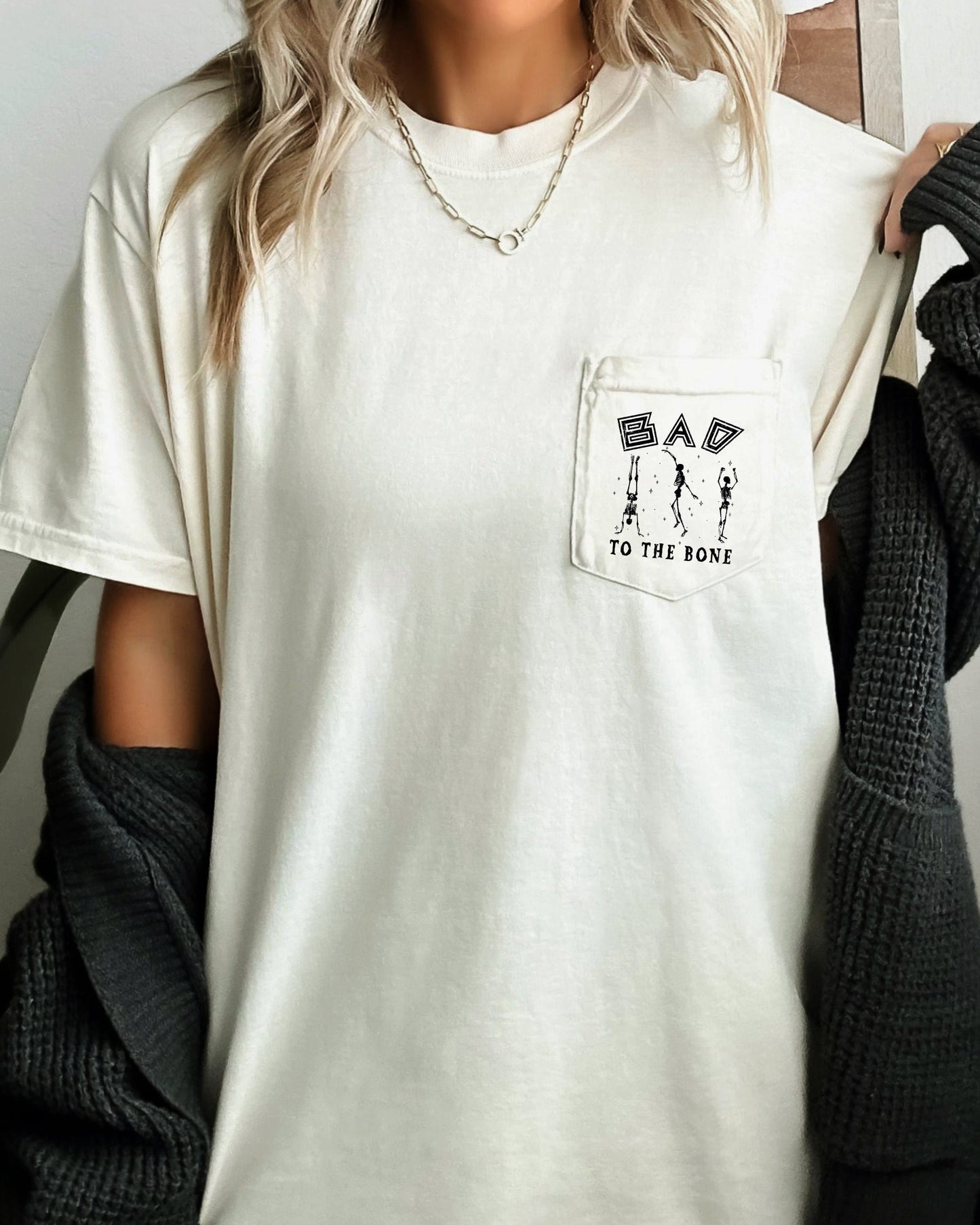 Bad To The Bone, Skeleton, Halloween Pocket Tee Comfort Colors T-Shirt