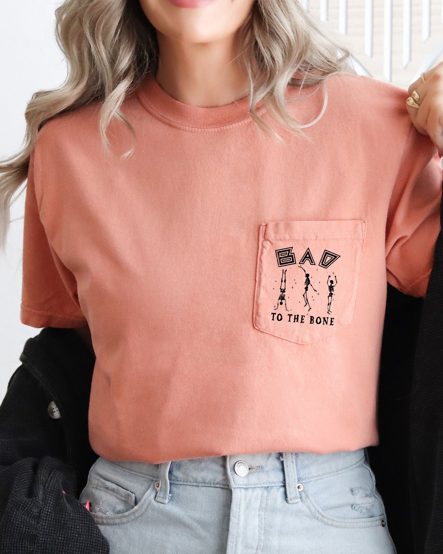 Bad To The Bone, Skeleton, Halloween Pocket Tee Comfort Colors T-Shirt