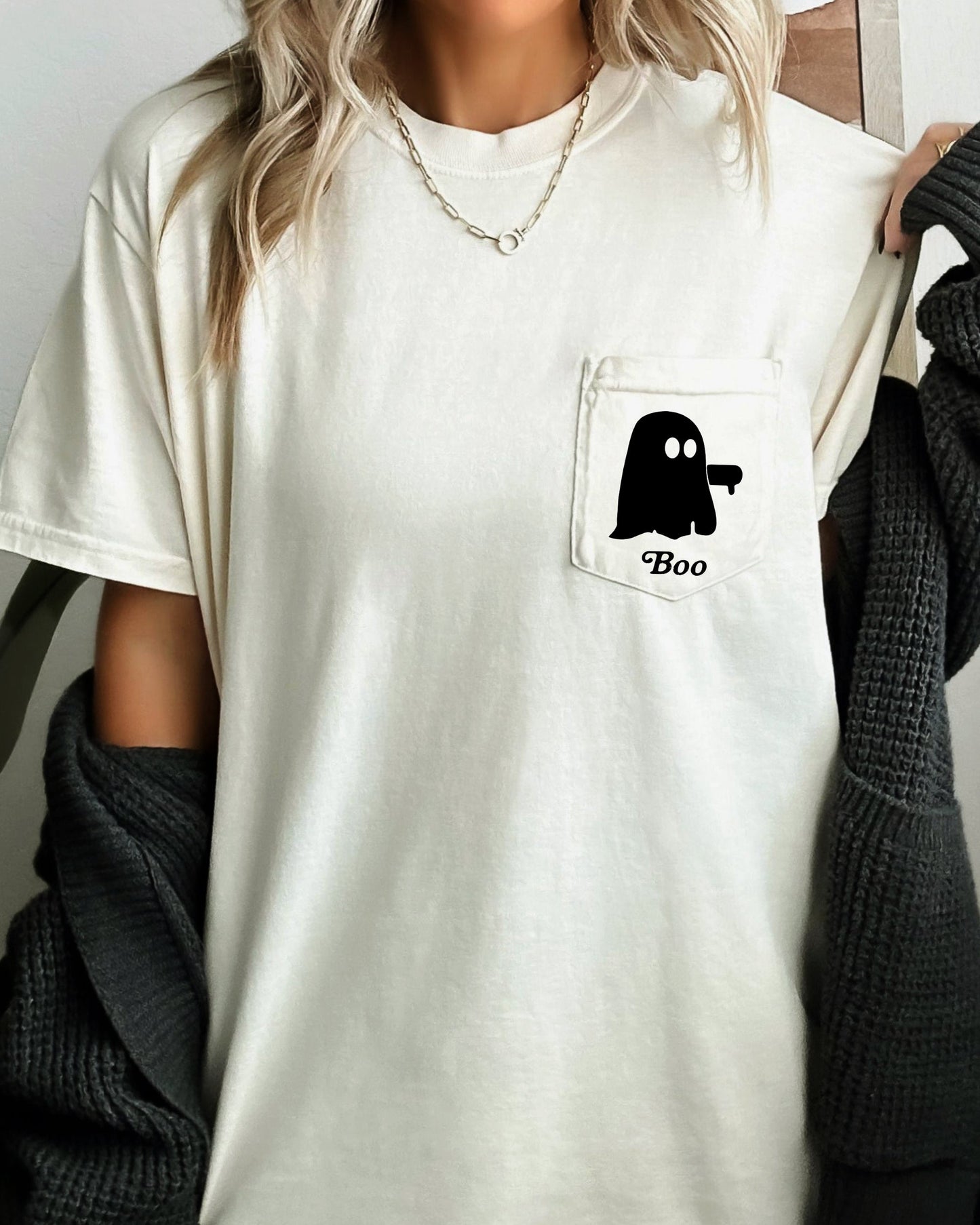 Boo Thumb Ghost Halloween Pocket Tee Comfort Colors T-Shirt