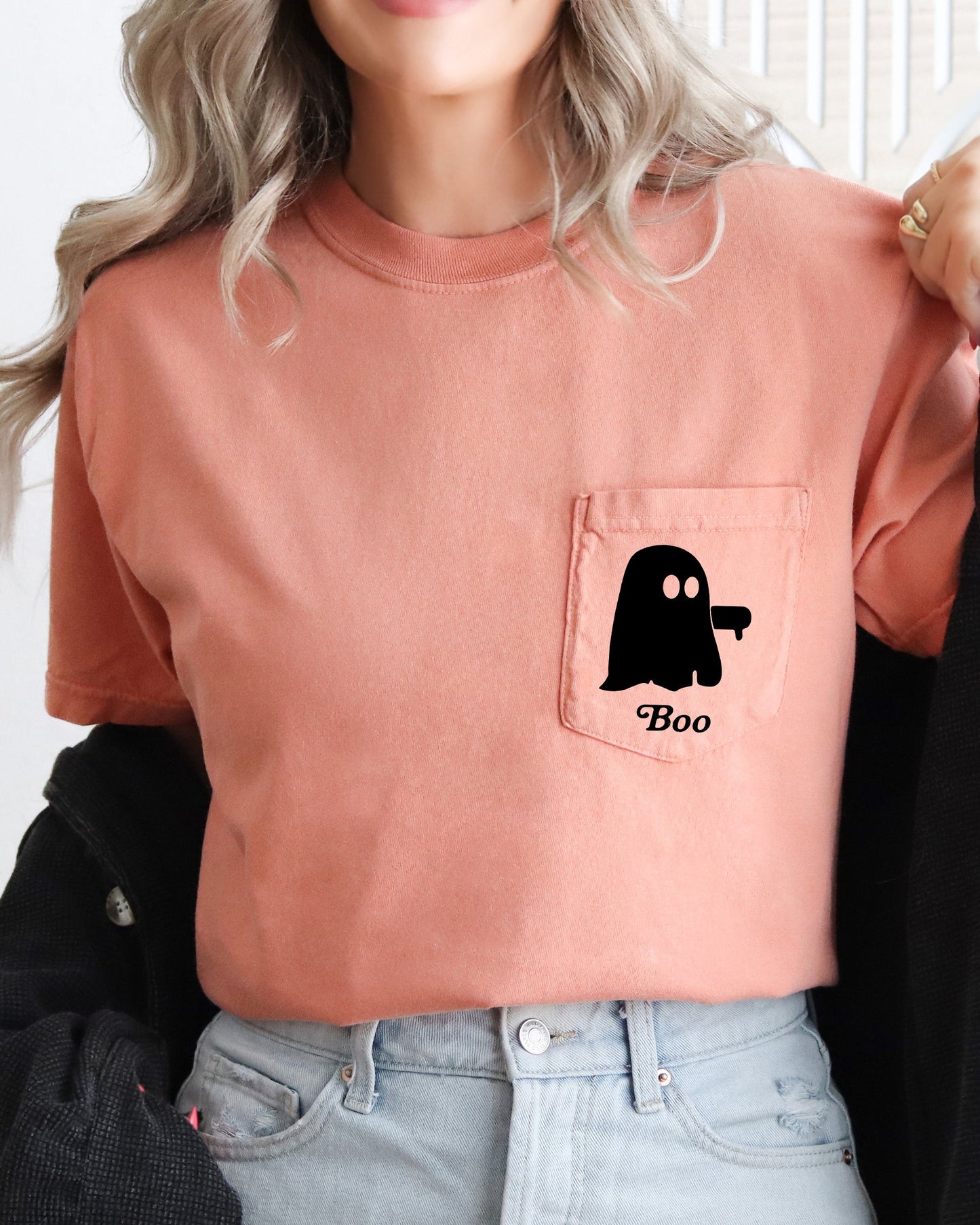 Boo Thumb Ghost Halloween Pocket Tee Comfort Colors T-Shirt