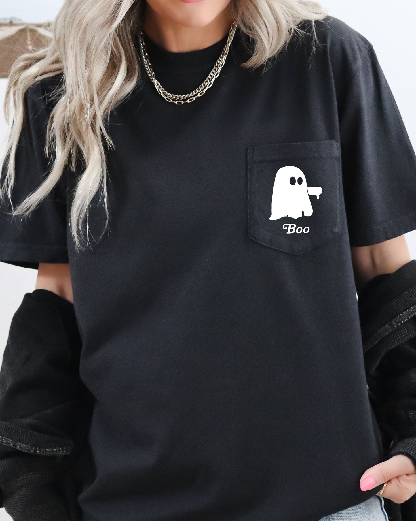 Boo Thumb Ghost Halloween Pocket Tee Comfort Colors T-Shirt