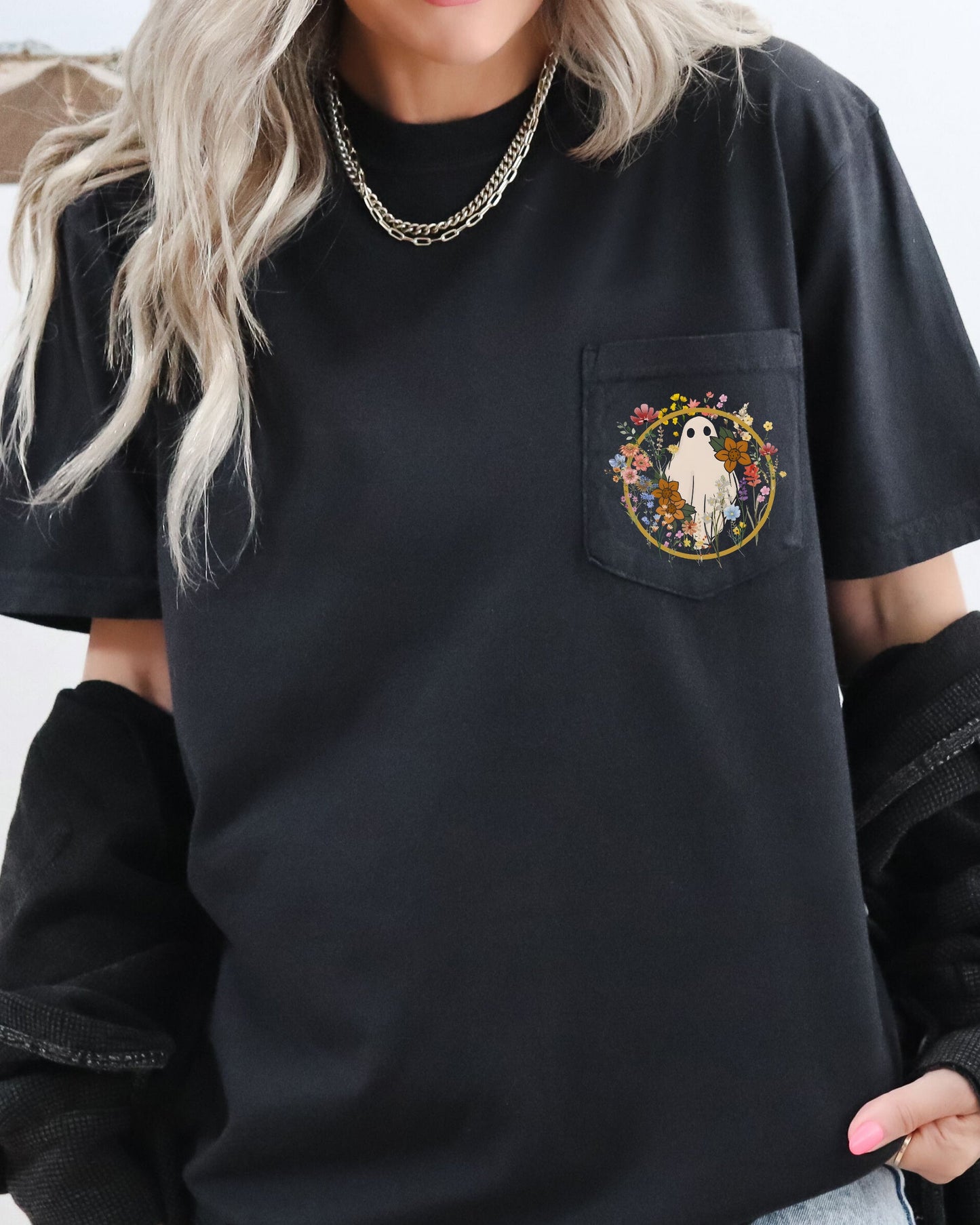 Floral Ghost Witch Halloween Graphic Pocket Tee Comfort Colors T-Shirt