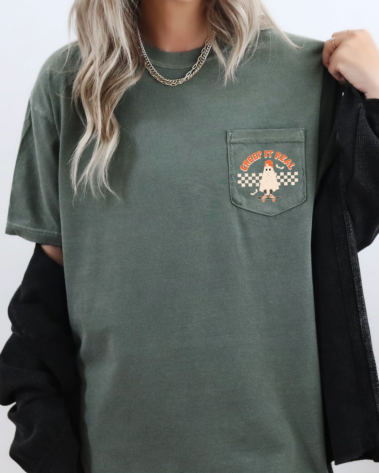 Creep It Real Ghost Halloween Pocket Tee Comfort Colors T-Shirt