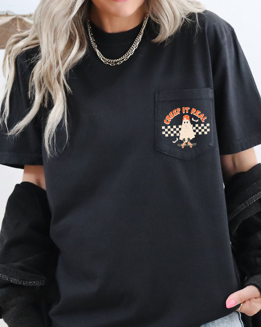 Creep It Real Ghost Halloween Pocket Tee Comfort Colors T-Shirt