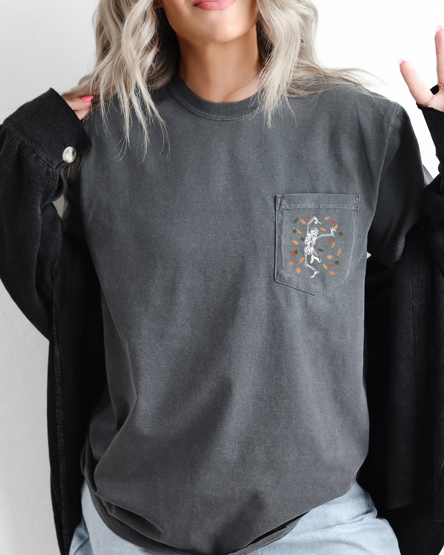 Dancing Skeletons Leaves Halloween Pocket Tee Comfort Colors T-Shirt