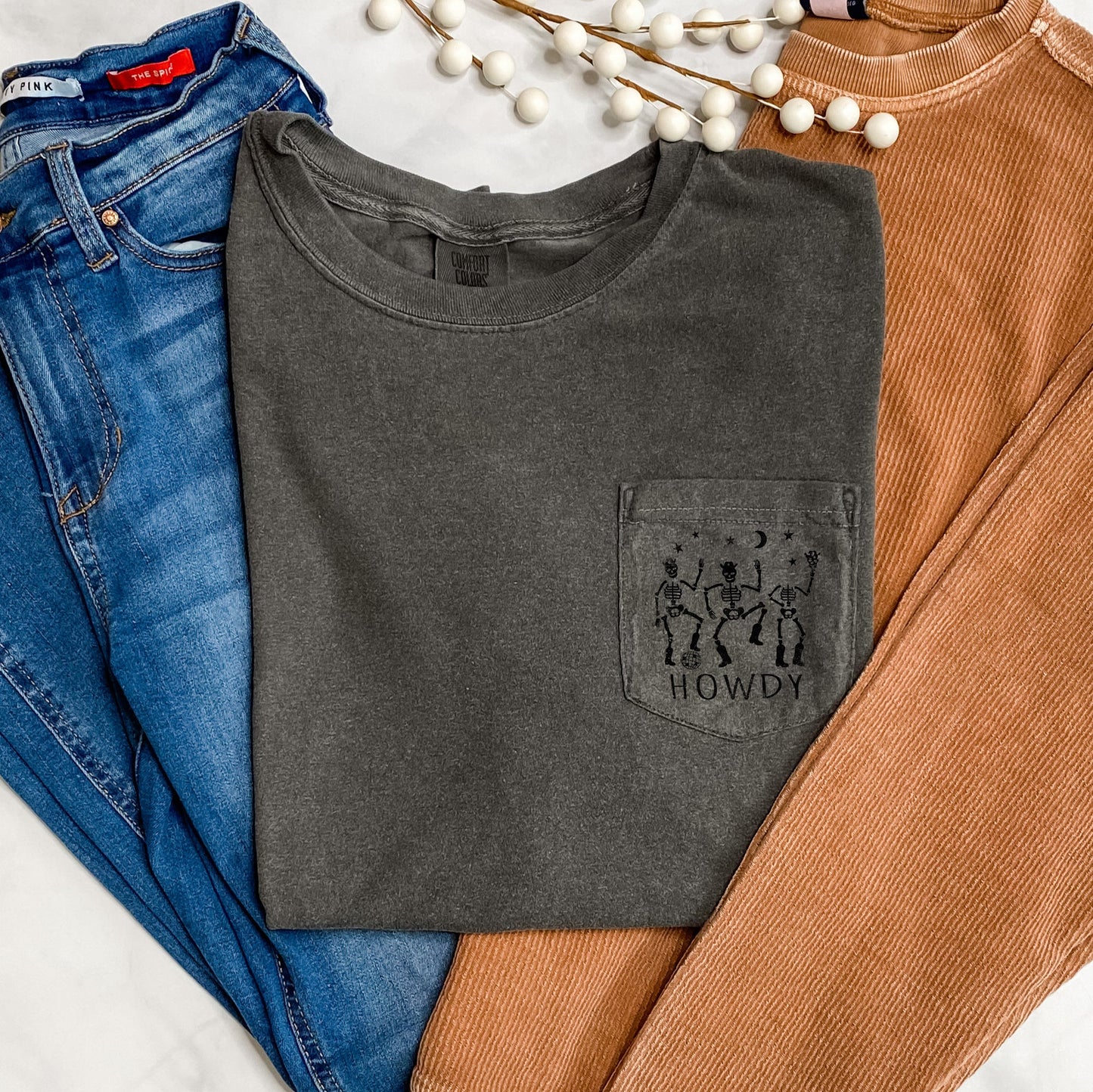 Howdy Skeletons Halloween Pocket Comfort Colors Tshirt