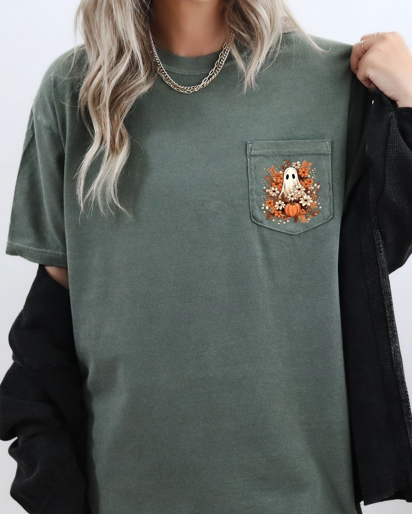Floral Ghost Spooky Halloween Pocket Tee Comfort Colors T-Shirt