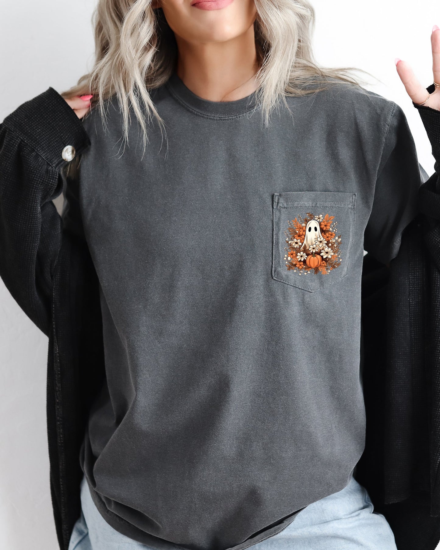 Floral Ghost Spooky Halloween Pocket Tee Comfort Colors T-Shirt