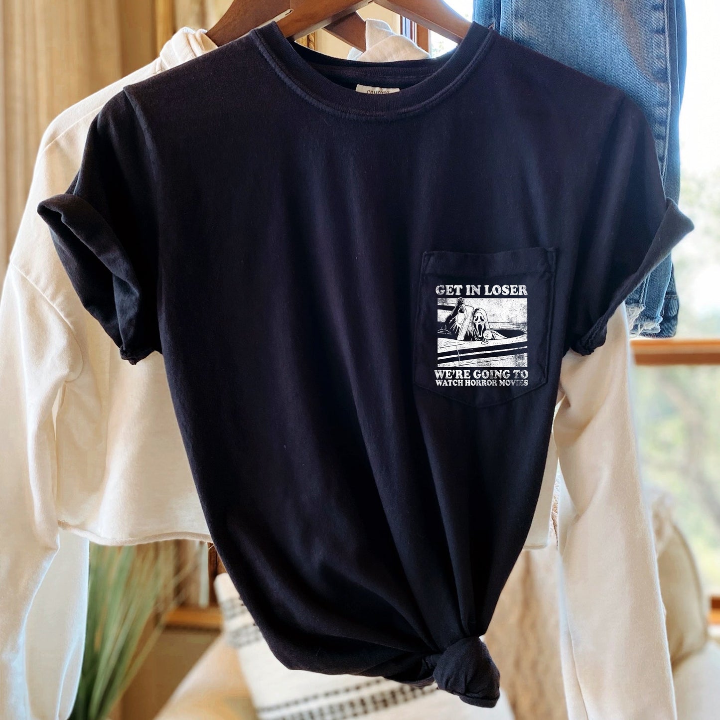 Get In Loser Horror Halloween Pocket T-shirt Comfort Colors