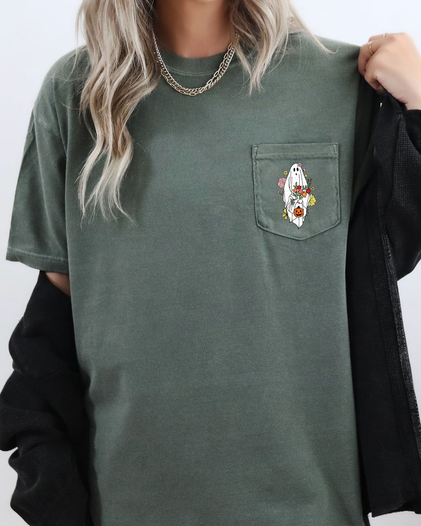 Cute Floral Ghost Pocket Tee Comfort Colors T-Shirt