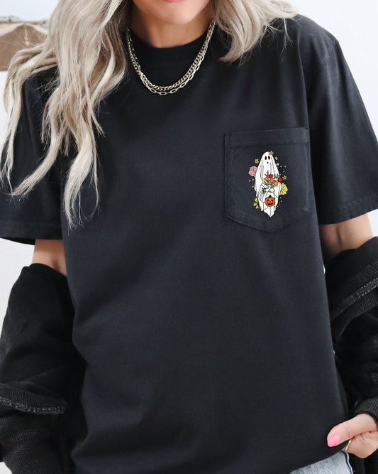 Cute Floral Ghost Pocket Tee Comfort Colors T-Shirt