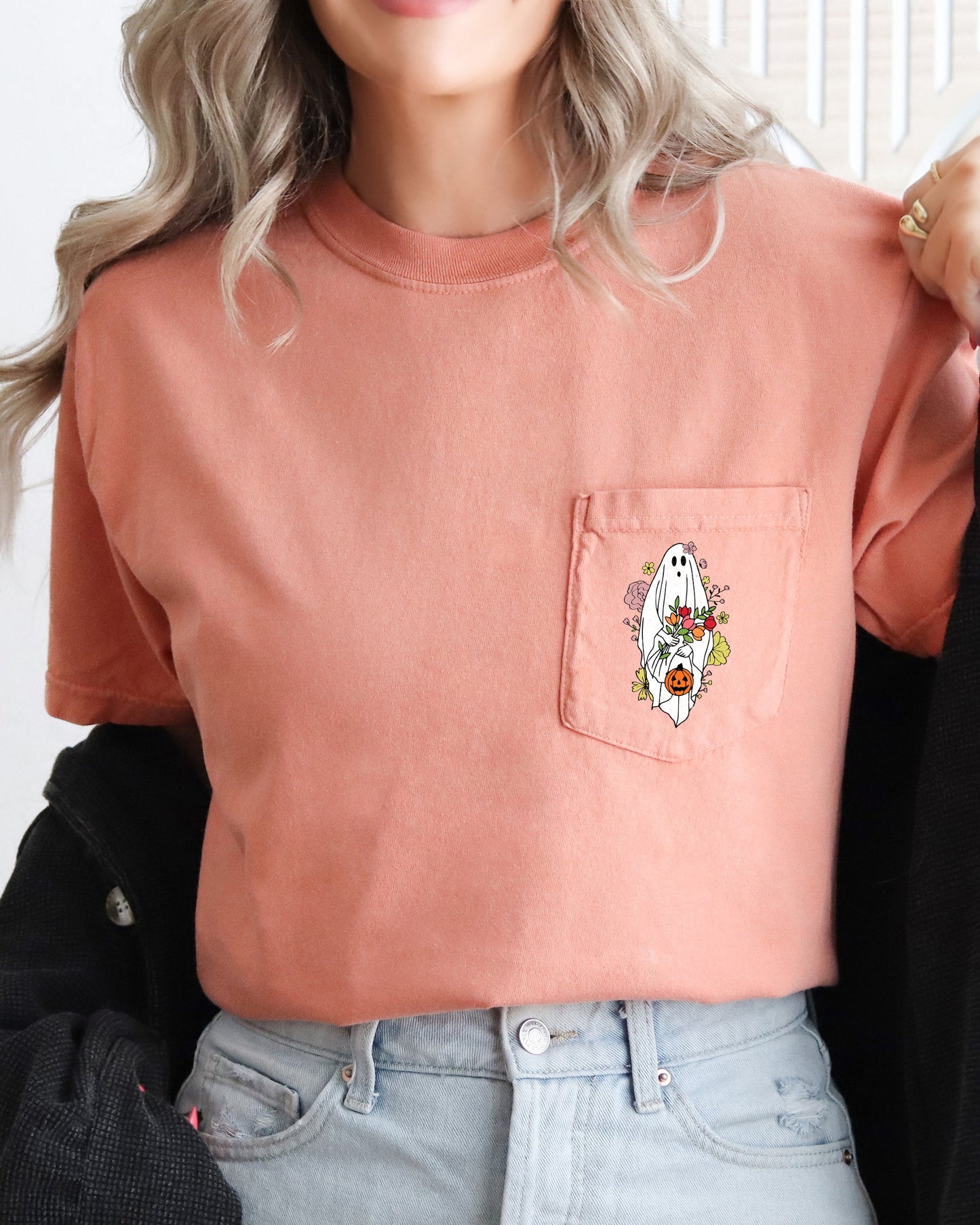 Cute Floral Ghost Pocket Tee Comfort Colors T-Shirt