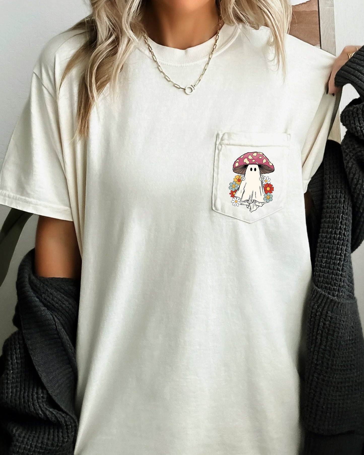 Ghost Mushroom Halloween Pocket Tee Comfort Colors T-Shirt