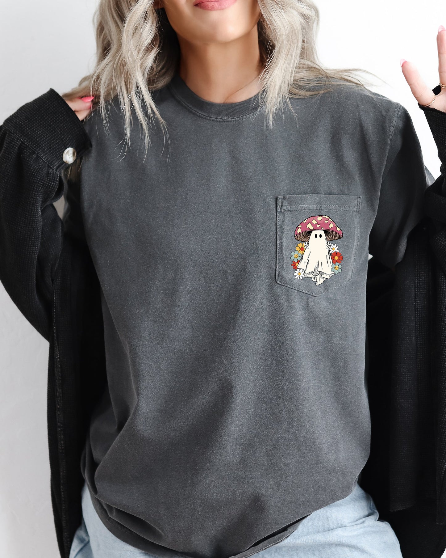 Ghost Mushroom Halloween Pocket Tee Comfort Colors T-Shirt