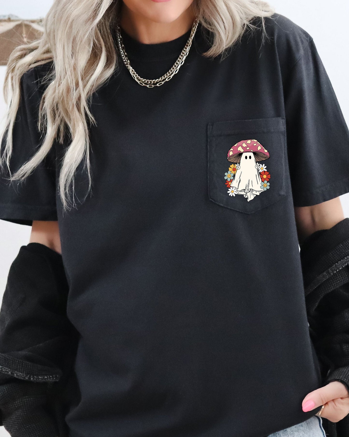 Ghost Mushroom Halloween Pocket Tee Comfort Colors T-Shirt