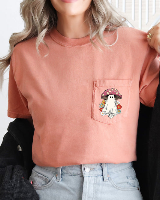 Ghost Mushroom Halloween Pocket Tee Comfort Colors T-Shirt