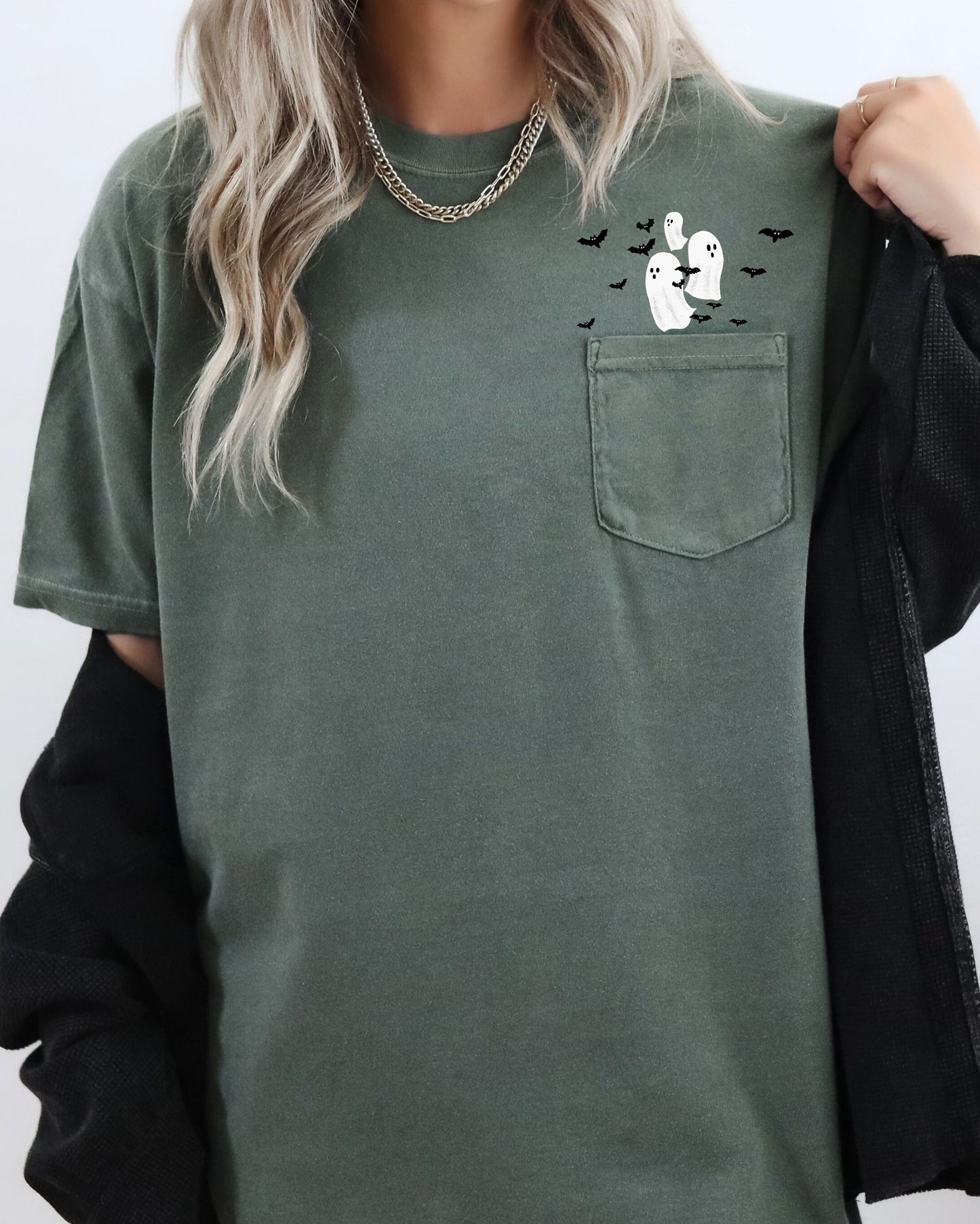 Halloween Pocket Tee Comfort Colors T-Shirt Flying Ghosts and Bats