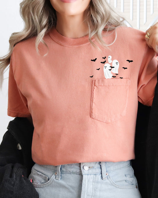 Halloween Pocket Tee Comfort Colors T-Shirt Flying Ghosts and Bats