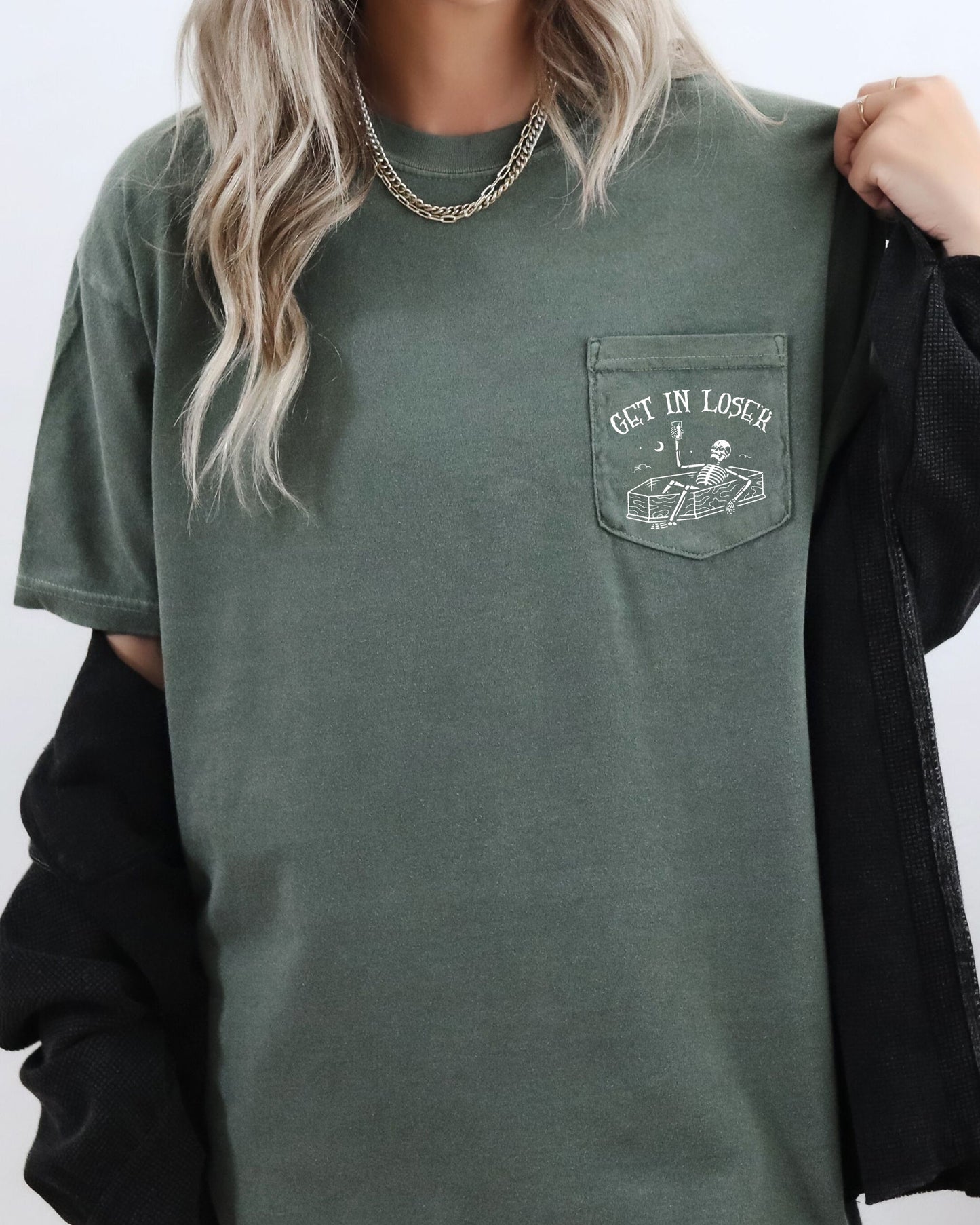 Get In Loser Funny Skeleton Halloween Pocket Tee Comfort Colors T-Shirt