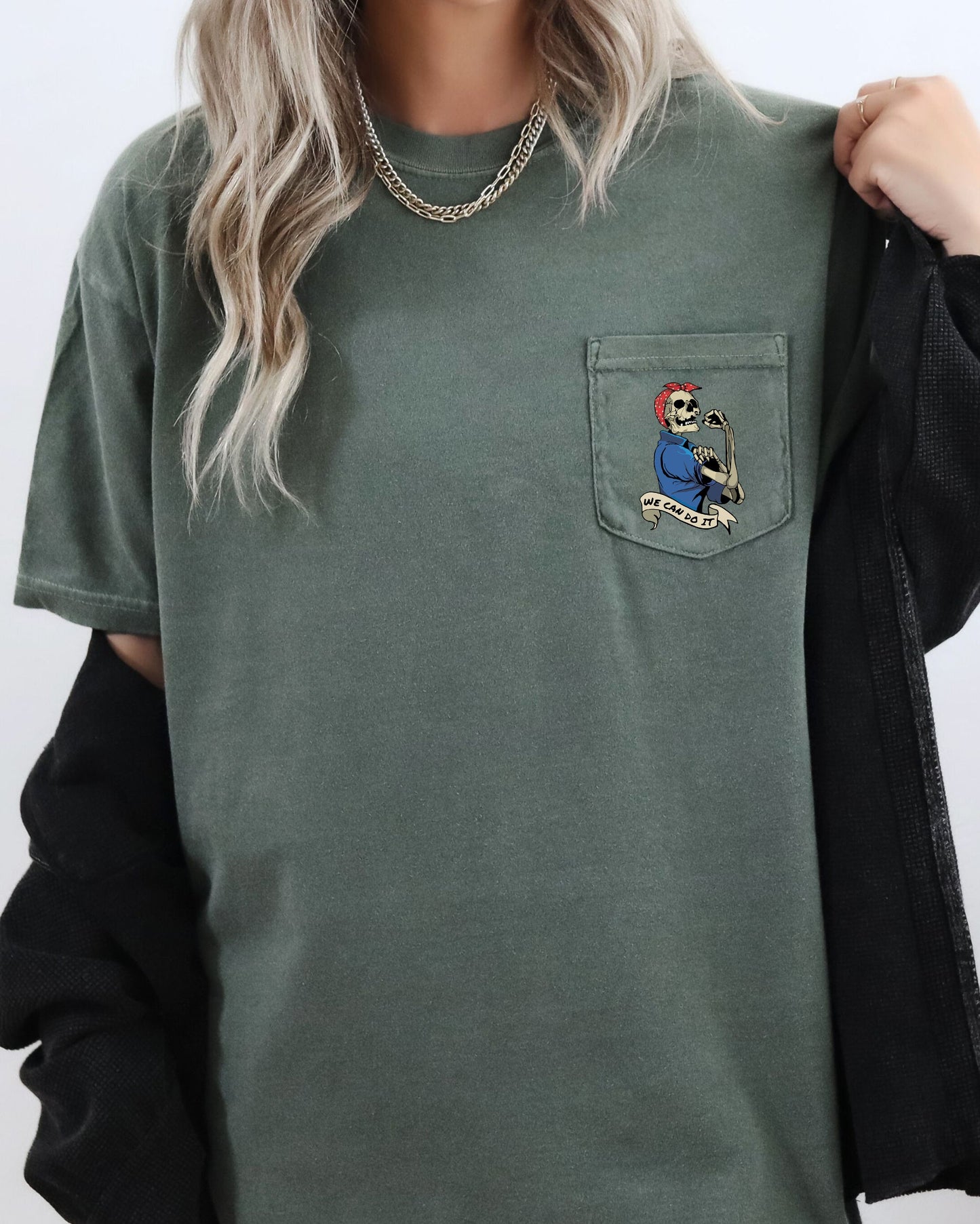 Rosie the Riveter, Skeleton, Halloween Pocket Tee Comfort Colors T-Shirt