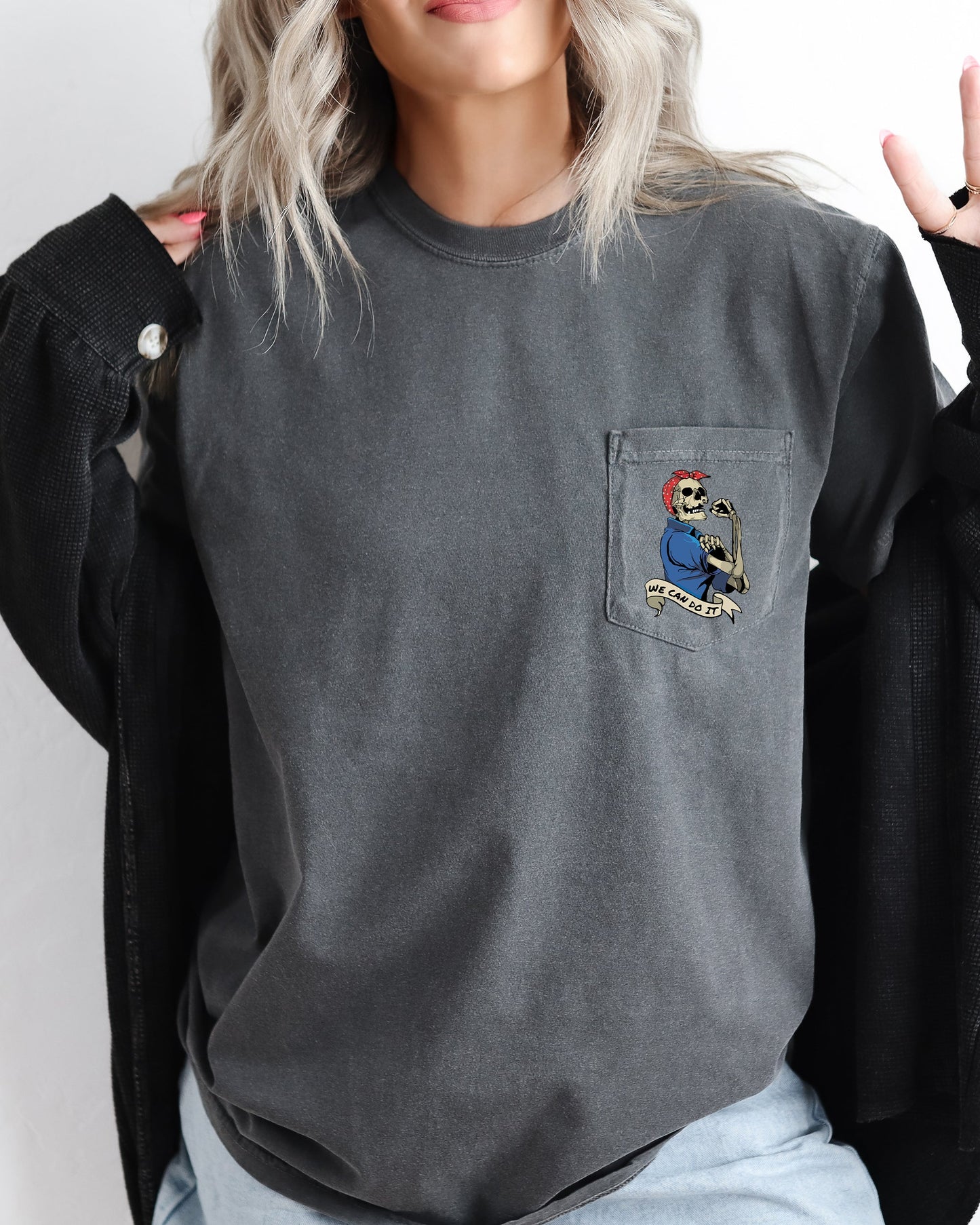 Rosie the Riveter, Skeleton, Halloween Pocket Tee Comfort Colors T-Shirt