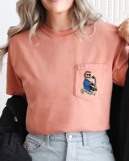 Rosie the Riveter, Skeleton, Halloween Pocket Tee Comfort Colors T-Shirt