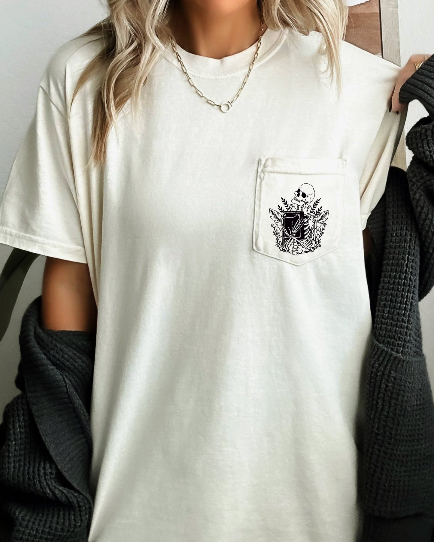 Reading Skeleton, Halloween Pocket Tee Comfort Colors T-Shirt