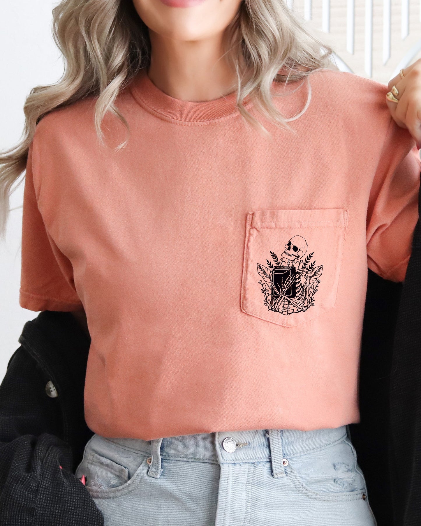 Reading Skeleton, Halloween Pocket Tee Comfort Colors T-Shirt