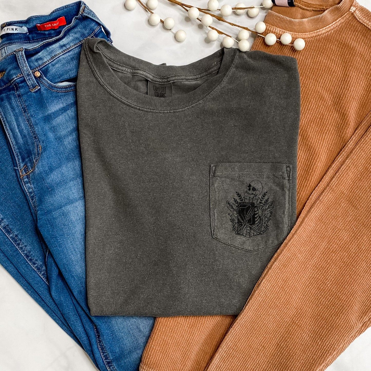 Skeleton Book Halloween Pocket Comfort Colors Tshirt