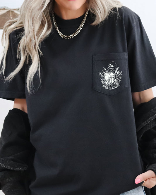 Reading Skeleton, Halloween Pocket Tee Comfort Colors T-Shirt