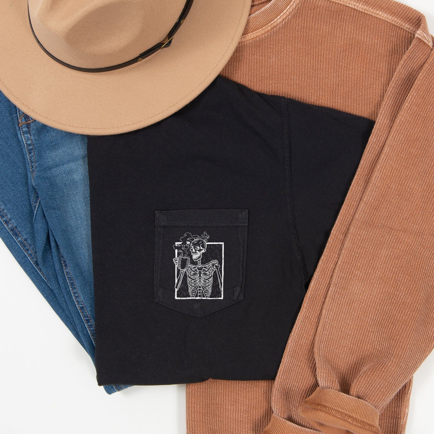 Skeleton Coffee Halloween Pocket Comfort Colors Tshirt