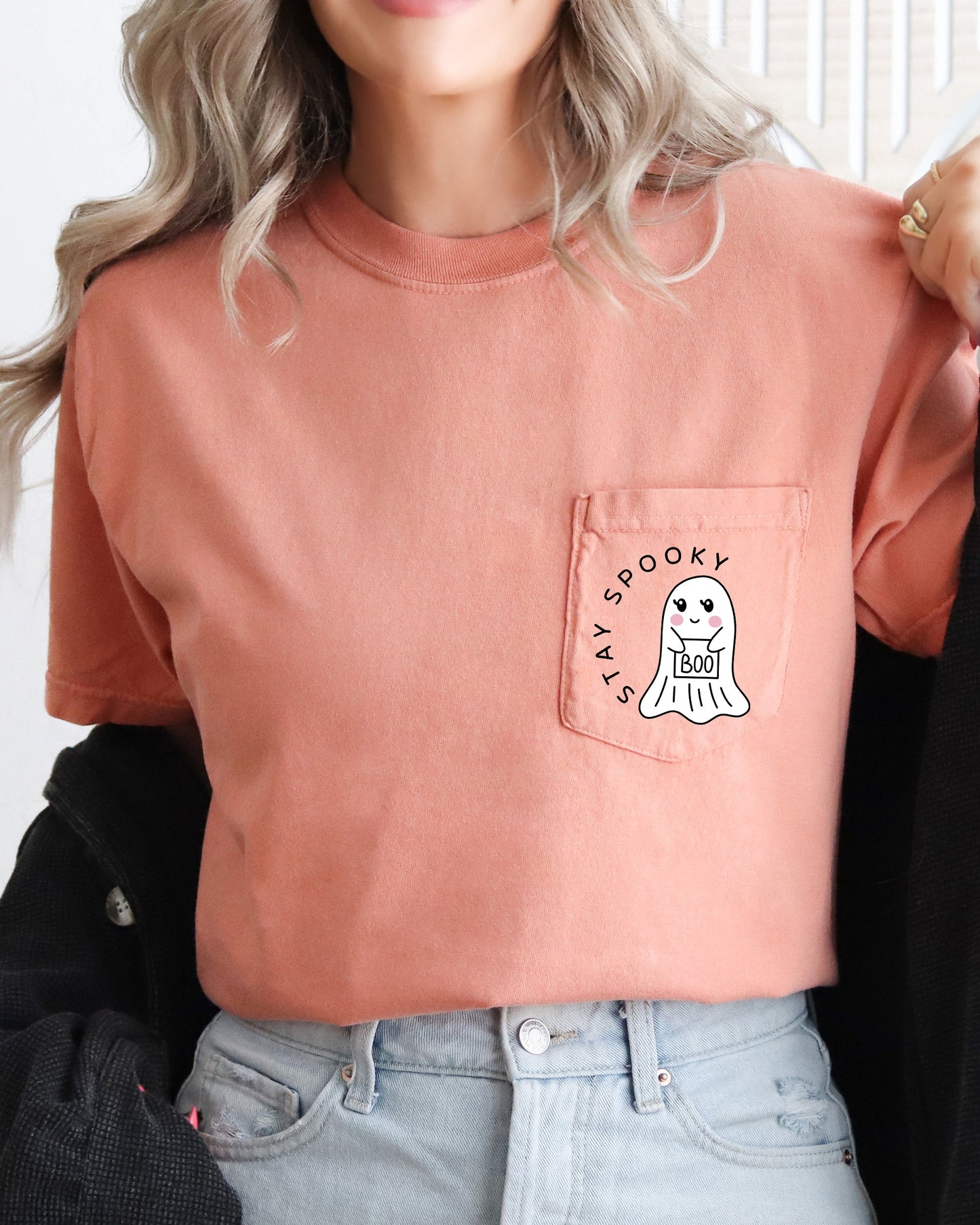 Stay Spooky, Ghost, Cute, Halloween Pocket Tee Comfort Colors T-Shirt