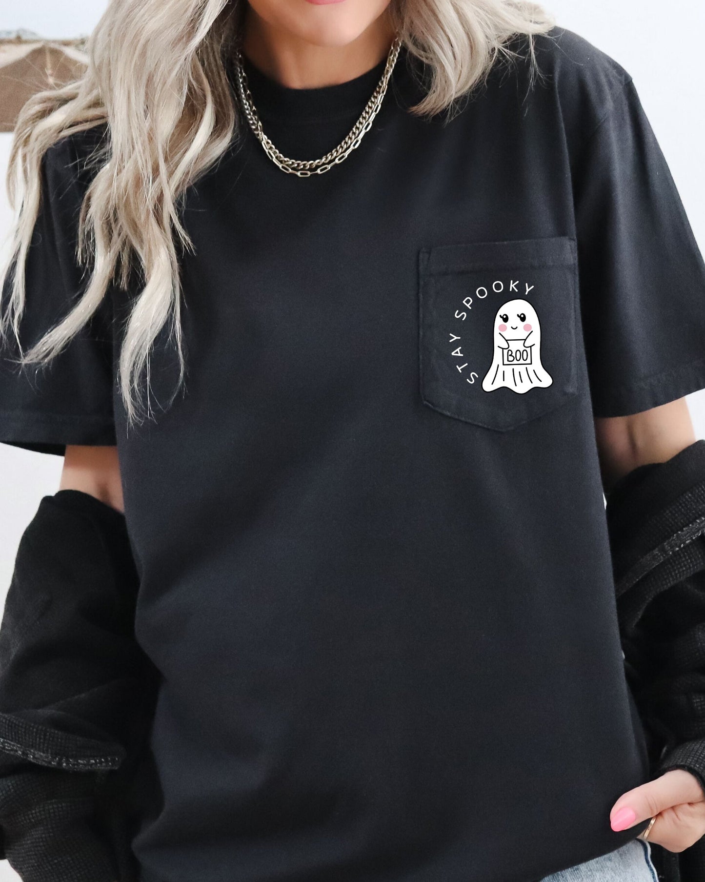 Stay Spooky, Ghost, Cute, Halloween Pocket Tee Comfort Colors T-Shirt