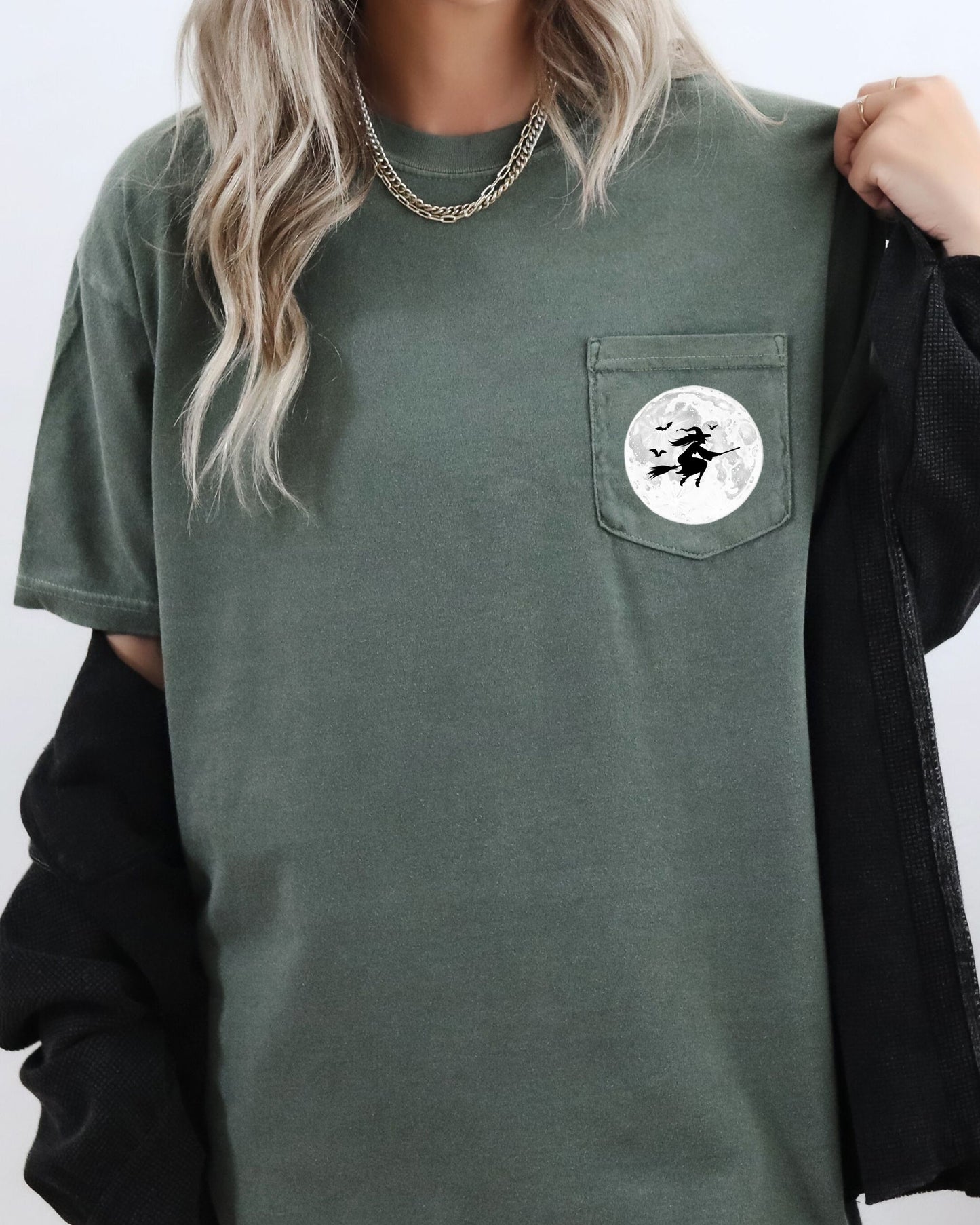 Witch On Broom, Halloween Pocket Tee Comfort Colors T-Shirt