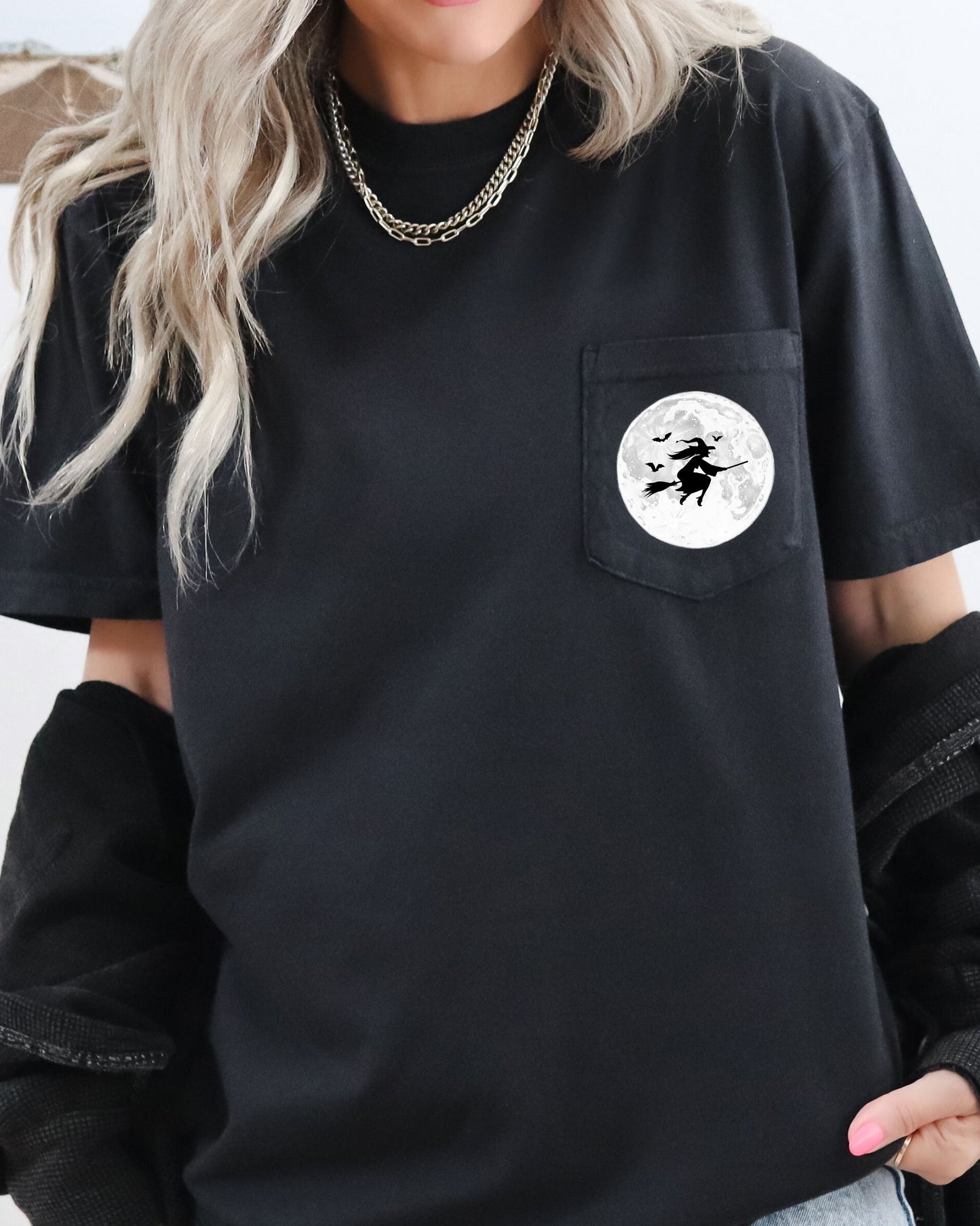 Witch On Broom, Halloween Pocket Tee Comfort Colors T-Shirt