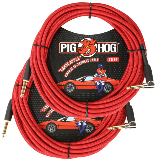Pig Hog Candy Apple Red 20ft 1/4 Guitar Instrument Cable Cord Right-Angle 2 Pack