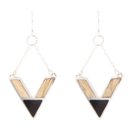 Point Made Onyx and Wood Silver Earring