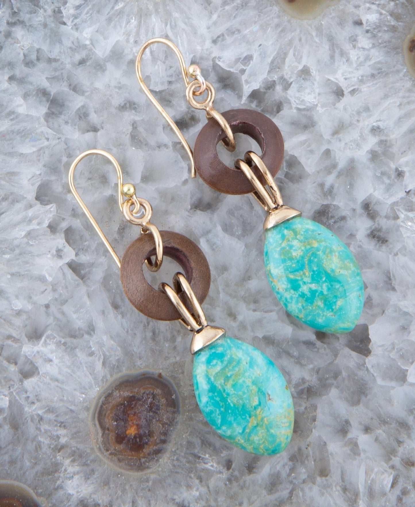 Green Turquoise Wood Golden Bronze Drop Earrings Precious