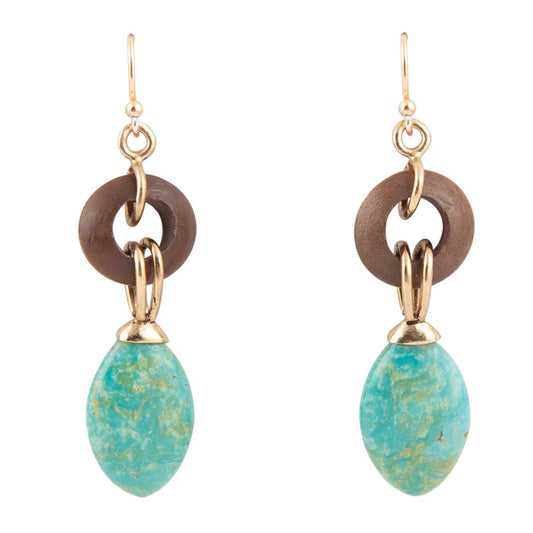 Green Turquoise Wood Golden Bronze Drop Earrings Precious