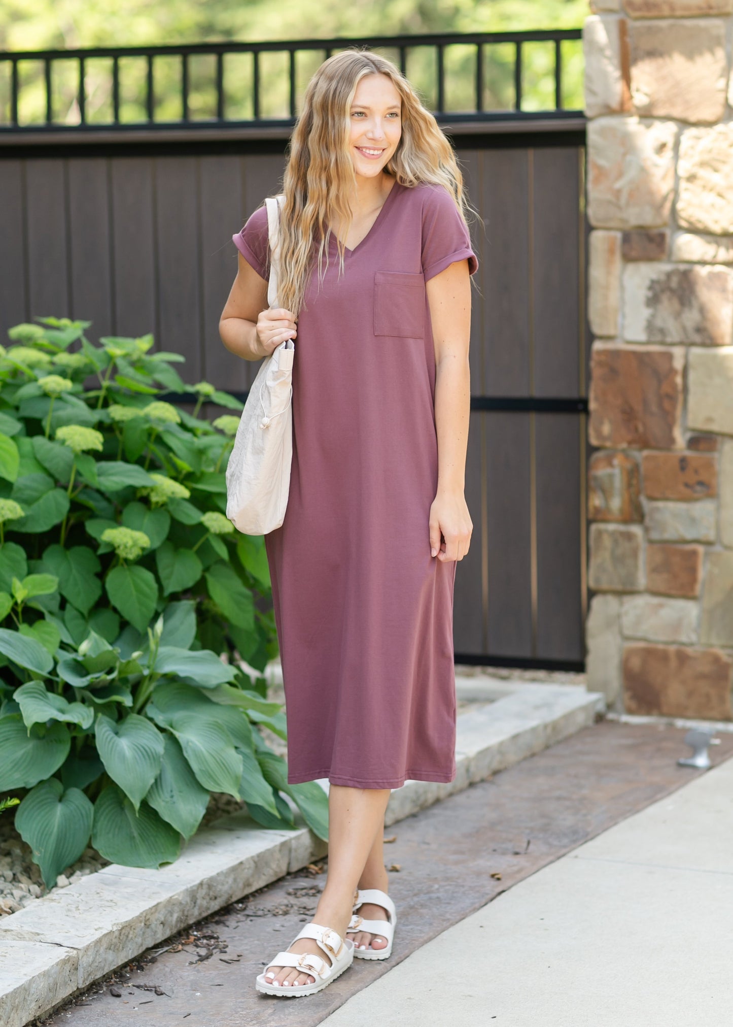 Finley V-neck Berry Midi T-shirt Dress Inherit Co.
