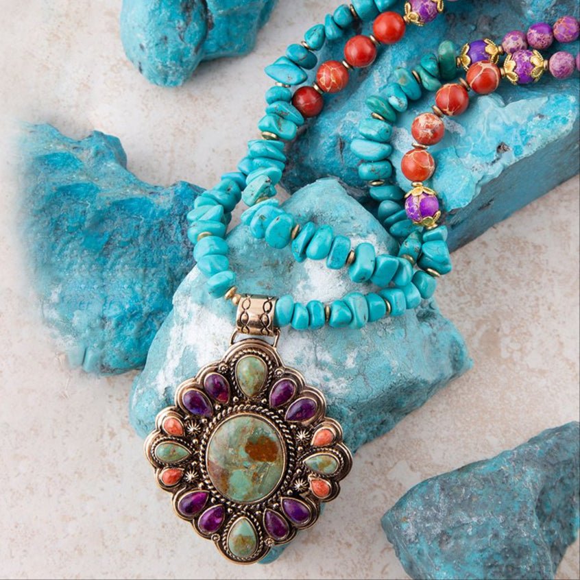 Prescott Blue Turquoise Purple and Orange Statement Pendant Golden Necklace