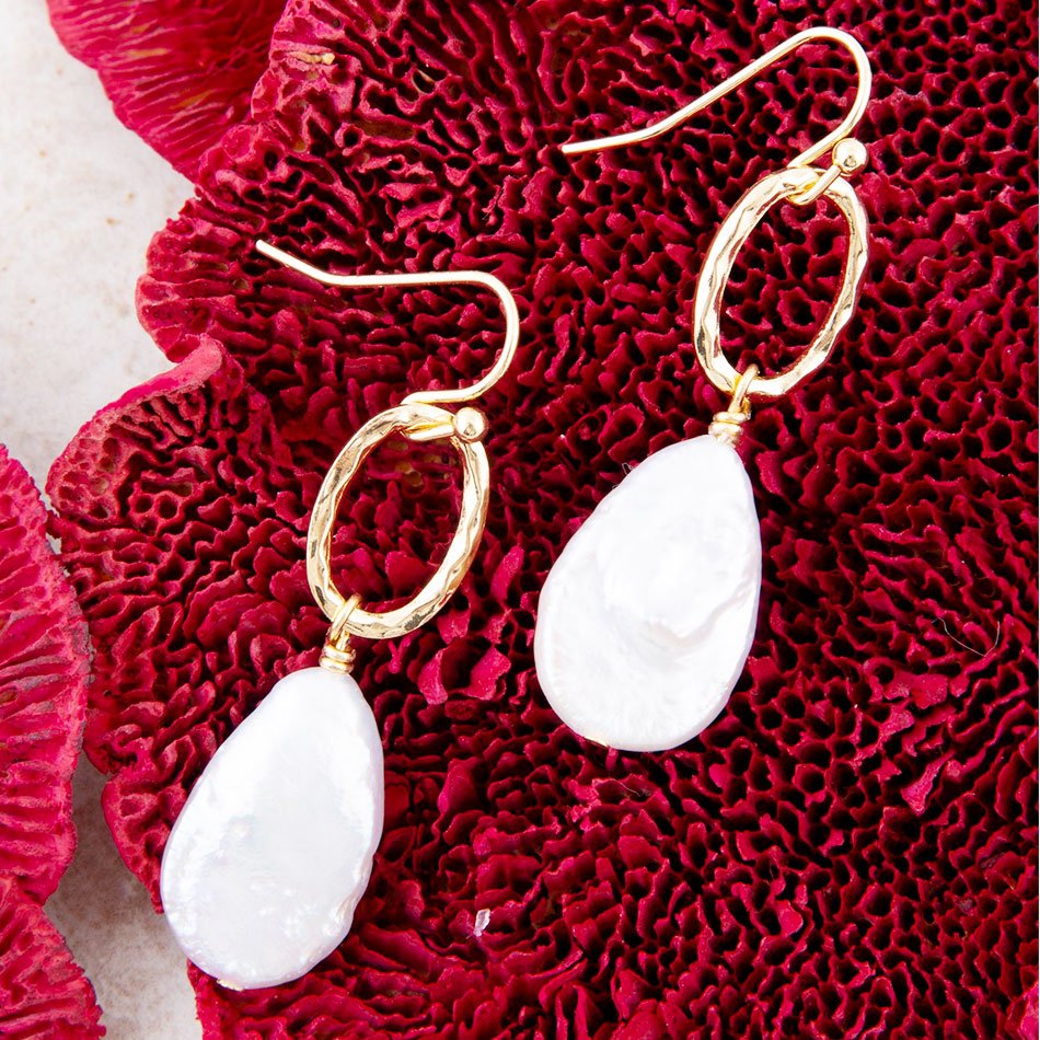 Pretty Drops of White Freshwater Pearl Golden Drop Earrings