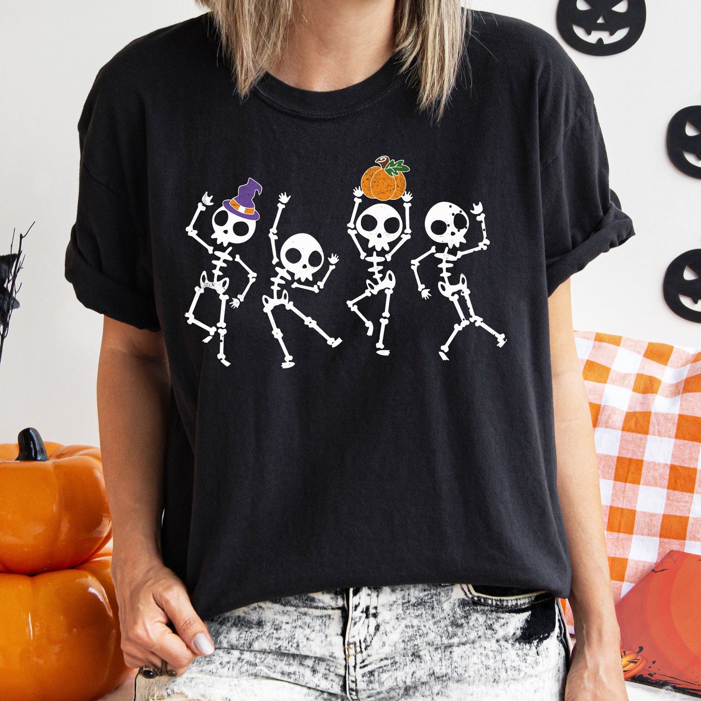 Pumpkin Dancing Skeletons Retro Halloween Comfort Colors Tshirt