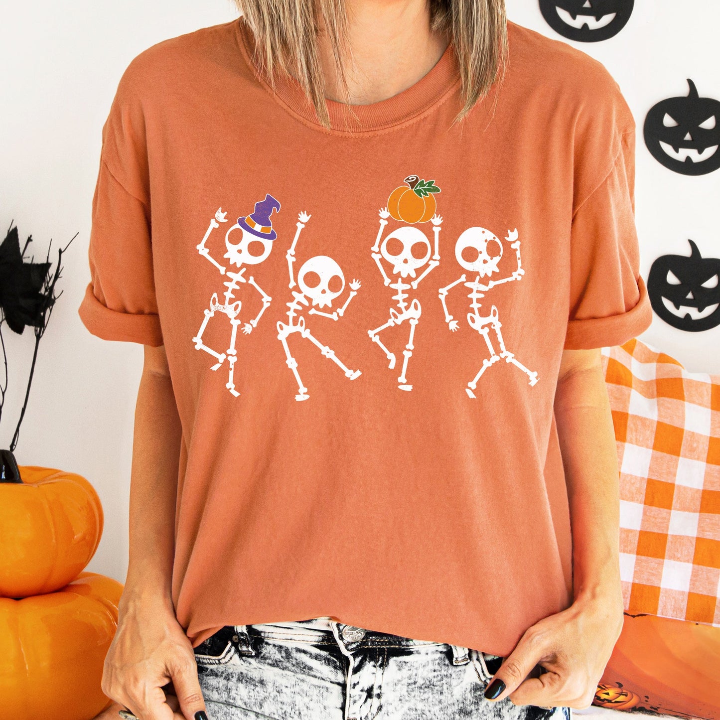 Pumpkin Dancing Skeletons Retro Halloween Comfort Colors Tshirt