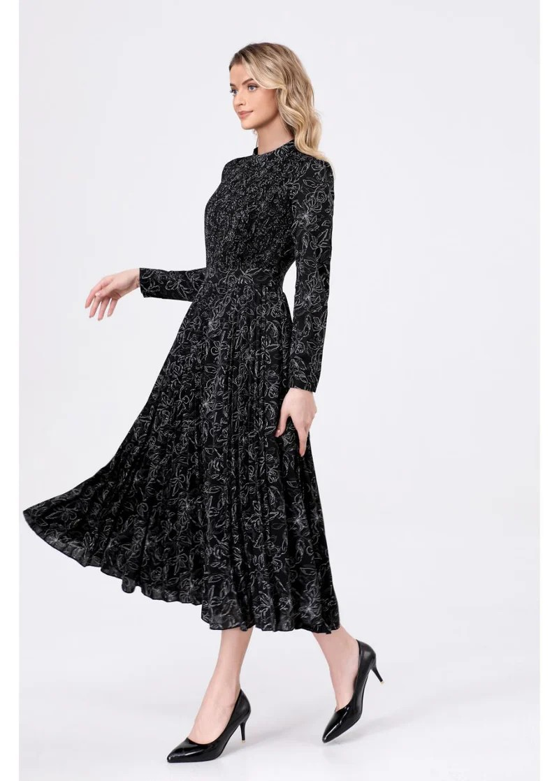 Black Floral Midi Dress with Fitted Bodice and Gathered Waist