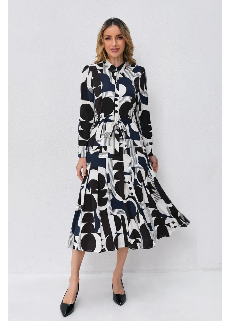 Abstract Harmony Navy White Geometric Midi Dress