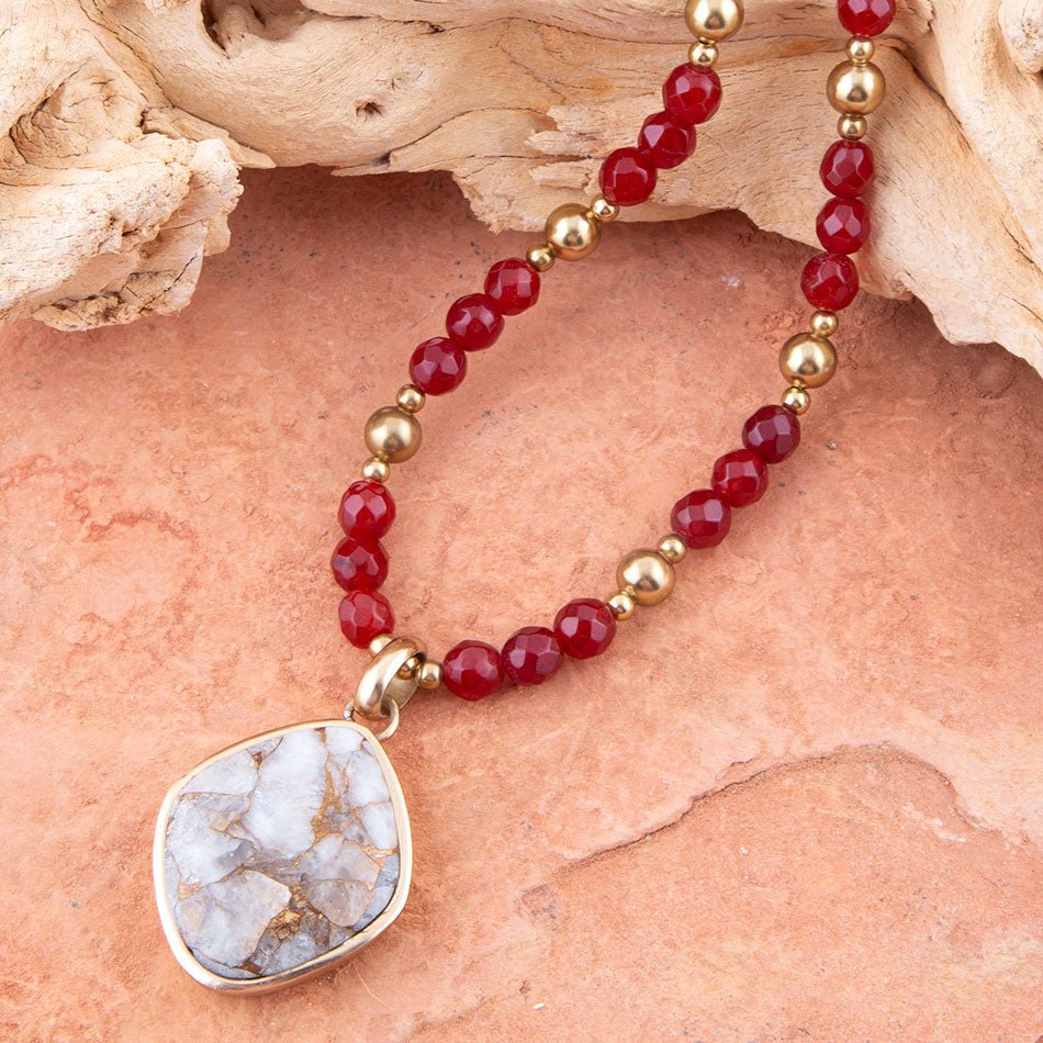 Red Carnelian and Crystal Calcite Pendant Golden Necklace