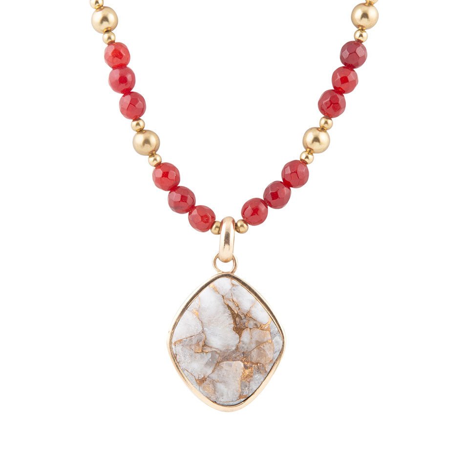Red Carnelian and Crystal Calcite Pendant Golden Necklace