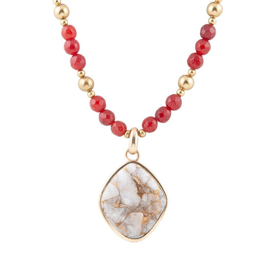 Red Carnelian and Crystal Calcite Pendant Golden Necklace